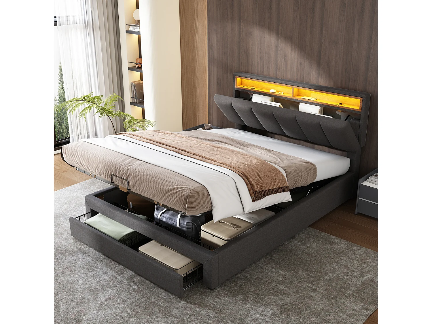 Gestoffeerd bed, 180 x 200 cm, LED-verlichting, lades en grote opbergruimte voor hoofdeinde en beddengoed, grijs