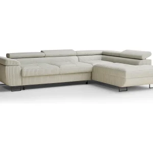 Hoekbank met slaapfunctie Concord in fluwelen stof – Vierpersoons – creme