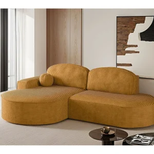 Hoekbank met slaapfunctie en bedstee Modena Ronde stof Poso mosterdkleur Links Hoekbank met slaapfunctie en bedstee Modena Ronde stof Poso mosterdkleur Links