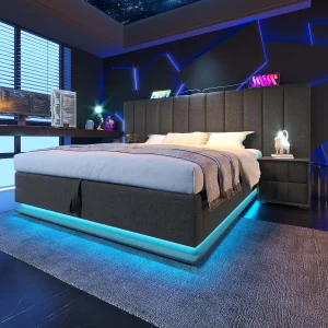 Gestoffeerd bed 160×200 cm, tweepersoonsbed met hydraulische opbergruimte, app-besturing voor LED en USB-C, bedframe met lattenbodem Gestoffeerd bed 160×200 cm, tweepersoonsbed met hydraulische opbergruimte, app-besturing voor LED en USB-C, bedframe met lattenbodem