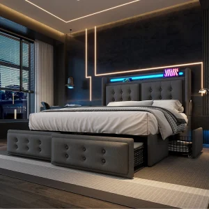 Gestoffeerd bed 140×200 cm, tweepersoonsbed met LED-hoofdeinde en 4 lades, grijs Gestoffeerd bed 140×200 cm, tweepersoonsbed met LED-hoofdeinde en 4 lades, grijs
