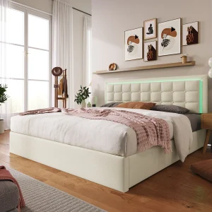 Gestoffeerd bed 140×200 cm in PU wit met opbergruimte en LED-verlichting, elegant bedframe Gestoffeerd bed 140×200 cm in PU wit met opbergruimte en LED-verlichting, elegant bedframe