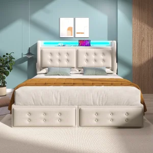 Gestoffeerd bed 140×200 cm, tweepersoonsbed met LED-hoofdeinde en 4 lades, beige Gestoffeerd bed 140×200 cm, tweepersoonsbed met LED-hoofdeinde en 4 lades, beige