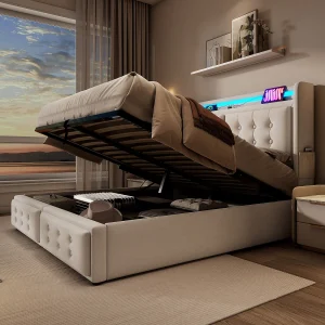 Gestoffeerd bed 160×200 cm, tweepersoonsbed met LED-hoofdeinde en USB-oplaadfunctie, praktische opslag