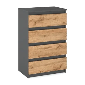 Grijze / eikenhouten ladekast Wotan met 4 lades 60 cm – tv-meubel, kast voor woonkamer of slaapkamer