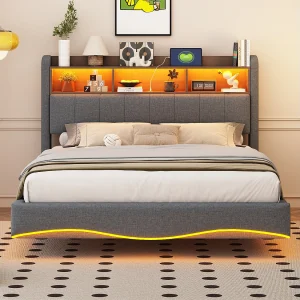 Hangend modern design bed 140×200 cm van linnenstof, multifunctioneel opbergbed met LED-verlichting en USB-poorten grijs