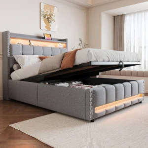 Gestoffeerd bed 140×200 cm met LED-verlichting en USB-aansluiting, hoofdeinde met planken en opbergruimte, hydraulisch systeem Gestoffeerd bed 140×200 cm met LED-verlichting en USB-aansluiting, hoofdeinde met planken en opbergruimte, hydraulisch systeem
