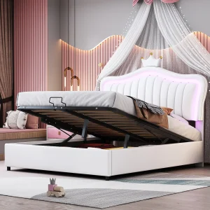 Gestoffeerd kinderbed 140×200 cm, wit PU-leer kroonbed met hydraulische opbergruimte, LED en lattenbodem