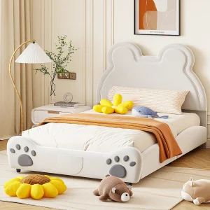 Gestoffeerd kinderbed 140×200 cm, berenbed, wit fluweel, eenpersoonsbed