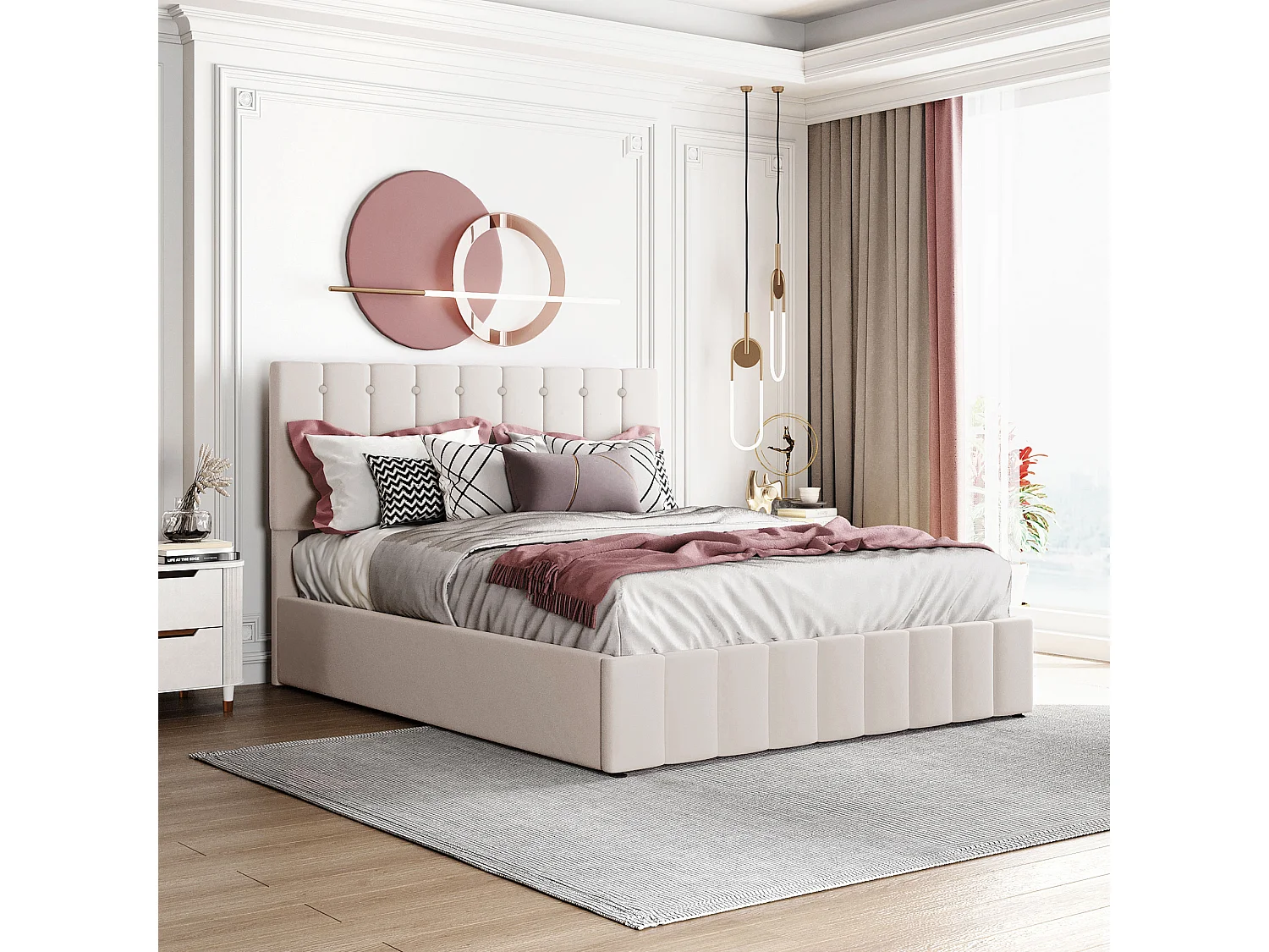 Gestoffeerd bed 140x200 cm met hydraulische opbergruimte, verstelbaar hoofdeinde, metalen lattenbodem, cr猫me fluweel, volwassenen- en juniorbed