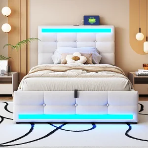 Gestoffeerd bed 90×200 cm met hydraulische opbergruimte, USB en kleurveranderende LED-strip, in beige linnen