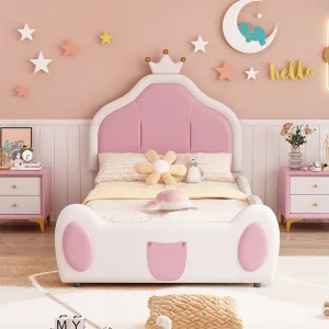 Gestoffeerd kinderbed 90×200 cm, hoofdeinde met kroon, kindvriendelijk design, wit PU-leer, bed met opbergruimte Gestoffeerd kinderbed 90×200 cm, hoofdeinde met kroon, kindvriendelijk design, wit PU-leer, bed met opbergruimte