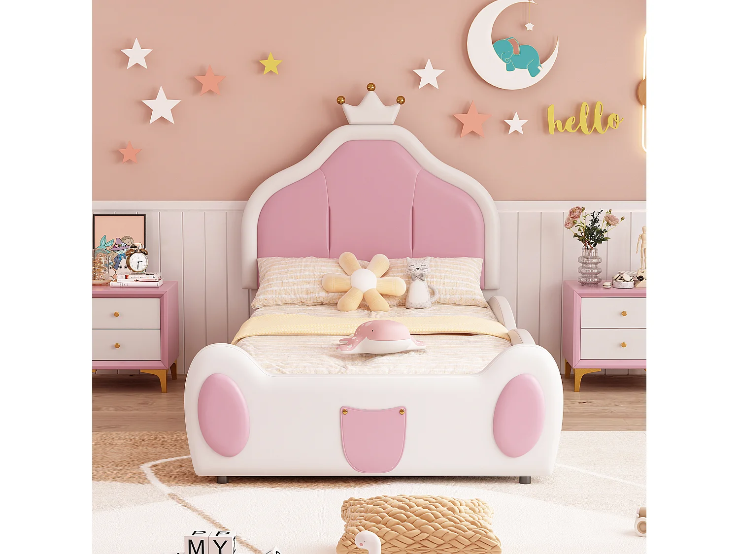 Gestoffeerd kinderbed 90x200 cm, hoofdeinde met kroon, kindvriendelijk design, wit PU-leer, bed met opbergruimte