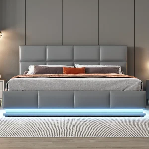 Gestoffeerd bed 160 x 200 cm met LED, metalen lattenbodem en opbergruimte, verstelbare hoofdbordhoogte, grijs