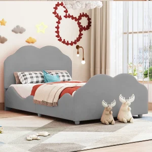Gestoffeerd bed 90×200 cm met hoge zijhekken, wolk hoofdeinde en voeteneinde, grijs fluweel, praktisch kinderbed