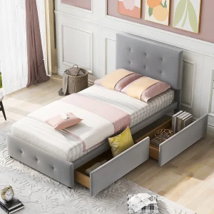 Gestoffeerd bed 90×200 cm met lades en lattenbodem, gestoffeerd hoofdeinde, grijs fluweel, multifunctioneel kinderbed