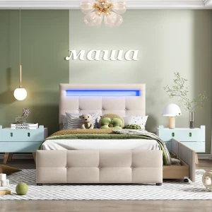 Gestoffeerd bed 90×200 cm met LED, 2 lades, linnen fluweel beige, multifunctioneel kinderbed, praktisch