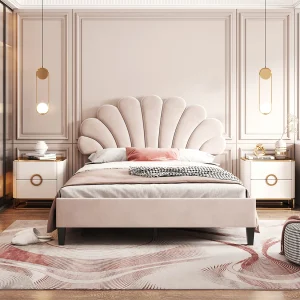 Gestoffeerd bed 140×200 cm bloemvormig hoofdeinde, lattenbodem inbegrepen, beige fluweel, volwassenen of junior