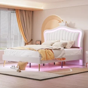 Gestoffeerd bed 140×200 cm voor meisjes, wit PU-leer kroonbed met LED, lattenbodem en hoofdeinde, matras niet inbegrepen Gestoffeerd bed 140×200 cm voor meisjes, wit PU-leer kroonbed met LED, lattenbodem en hoofdeinde, matras niet inbegrepen
