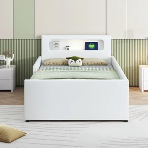 Gestoffeerd kinderbed 90×200 cm, met nachtlampje en USB-aansluiting, met opberglades, verhoogde zijpanelen Gestoffeerd kinderbed 90×200 cm, met nachtlampje en USB-aansluiting, met opberglades, verhoogde zijpanelen