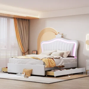 Gestoffeerd kinderbed 140×200 cm, wit PU-leer kroonbed voor meisjes, lades, LED en lattenbodem inbegrepen