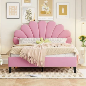 Gestoffeerd bed 140×200 cm bloemvormig hoofdeinde, lattenbodem inbegrepen, roze fluweel, volwassenen of junior Gestoffeerd bed 140×200 cm bloemvormig hoofdeinde, lattenbodem inbegrepen, roze fluweel, volwassenen of junior