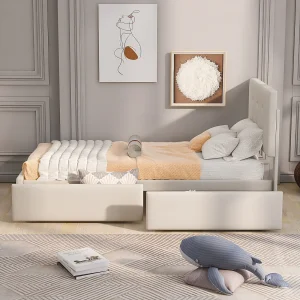 Gestoffeerd bed 90×200 cm met lades en lattenbodem, gestoffeerd hoofdeinde, beige fluweel, kinderbed
