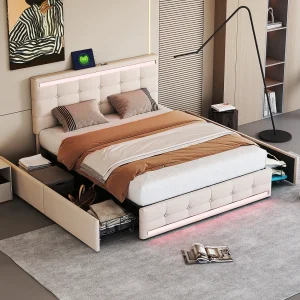 Gestoffeerd bed 140×200 cm met LED-verlichting, 4 lades en 2 USB-aansluitingen, in beige Gestoffeerd bed 140×200 cm met LED-verlichting, 4 lades en 2 USB-aansluitingen, in beige