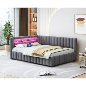 Hoekbank met slaapfunctie in velvet 140×200 cm, met LED-verlichting en USB-aansluiting, stevige constructie, grijs Hoekbank met slaapfunctie in velvet 140×200 cm, met LED-verlichting en USB-aansluiting, stevige constructie, grijs