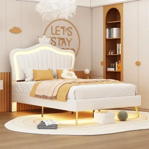 Gestoffeerd bed 90×200 cm, meisjesbed kroon wit, PU-leer, LED, lades en lattenbodem inbegrepen