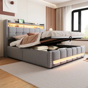 Gestoffeerd bed 160×200 cm met LED-verlichting en USB-aansluiting, hoofdeinde met planken en opbergruimte, lichtgrijs Gestoffeerd bed 160×200 cm met LED-verlichting en USB-aansluiting, hoofdeinde met planken en opbergruimte, lichtgrijs