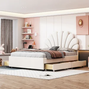 Gestoffeerd bed 140×200 cm, frame met bloemhoofdeinde, lattenbodem en opbergruimte, beige fluweel, volwassenen- en juniorbed Gestoffeerd bed 140×200 cm, frame met bloemhoofdeinde, lattenbodem en opbergruimte, beige fluweel, volwassenen- en juniorbed