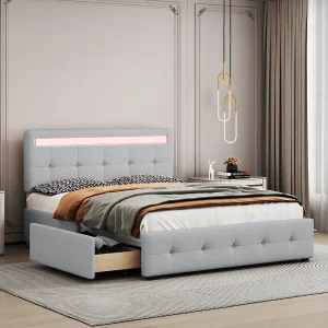 Gestoffeerd bed 140×200 cm LED, lattenbodem en rollende lades, hoofdeinde inbegrepen, linnen fluweel grijs, kinderbed Gestoffeerd bed 140×200 cm LED, lattenbodem en rollende lades, hoofdeinde inbegrepen, linnen fluweel grijs, kinderbed