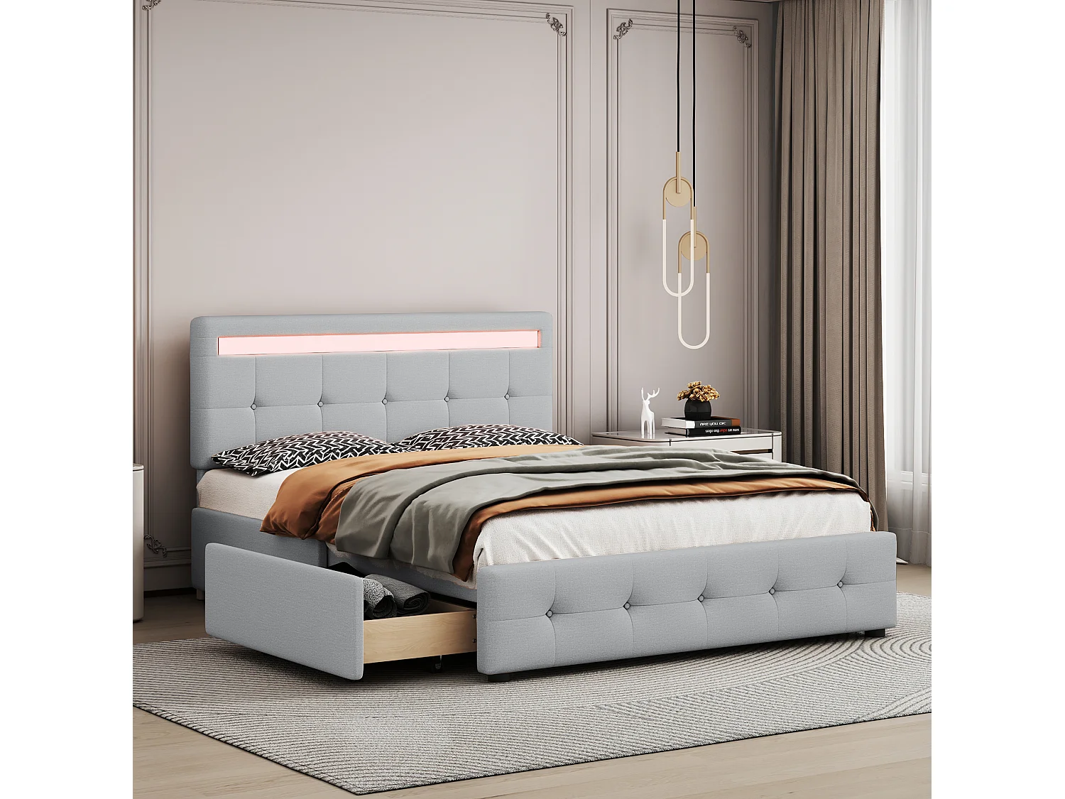 Gestoffeerd bed 140x200 cm LED, lattenbodem en rollende lades, hoofdeinde inbegrepen, linnen fluweel grijs, kinderbed