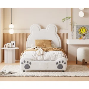Gestoffeerd kinderbed 90×200 cm, berenbed, wit fluweel, eenpersoonsbed Gestoffeerd kinderbed 90×200 cm, berenbed, wit fluweel, eenpersoonsbed