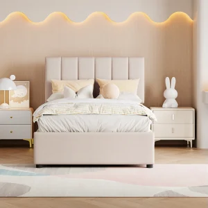 Gestoffeerd kinderbed 90×200 cm met hydraulische opbergruimte, lattenbodem inbegrepen, beige linnen fluweel, multifunctioneel bed Gestoffeerd kinderbed 90×200 cm met hydraulische opbergruimte, lattenbodem inbegrepen, beige linnen fluweel, multifunctioneel bed