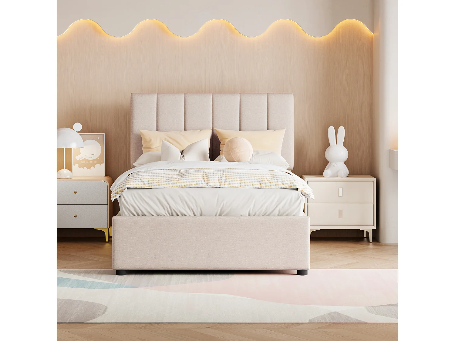 Gestoffeerd kinderbed 90x200 cm met hydraulische opbergruimte, lattenbodem inbegrepen, beige linnen fluweel, multifunctioneel bed