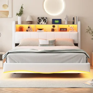Hangend bed van linnen 160×200 cm, met LED-verlichting, USB- en Type-C-aansluitingen, beige, modern ontwerp