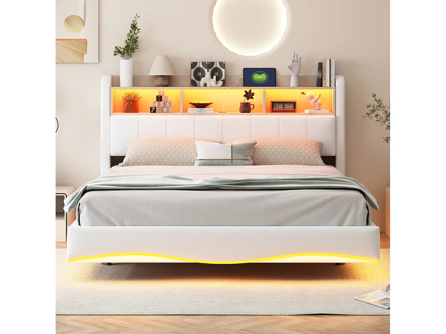 Hangend bed van linnen 160×200 cm, met LED-verlichting, USB- en Type-C-aansluitingen, beige, modern ontwerp