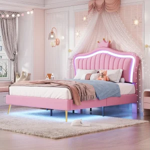 Gestoffeerd bed 140×200 cm voor meisjes, roze PU-leer kroonbed met LED, lattenbodem en hoofdeinde, matras niet inbegrepen Gestoffeerd bed 140×200 cm voor meisjes, roze PU-leer kroonbed met LED, lattenbodem en hoofdeinde, matras niet inbegrepen