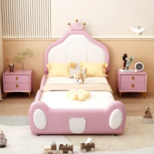 Gestoffeerd kinderbed 90×200 cm, hoofdeinde met kroon, kindvriendelijk design, roze PU-leer, bed met opbergruimte Gestoffeerd kinderbed 90×200 cm, hoofdeinde met kroon, kindvriendelijk design, roze PU-leer, bed met opbergruimte