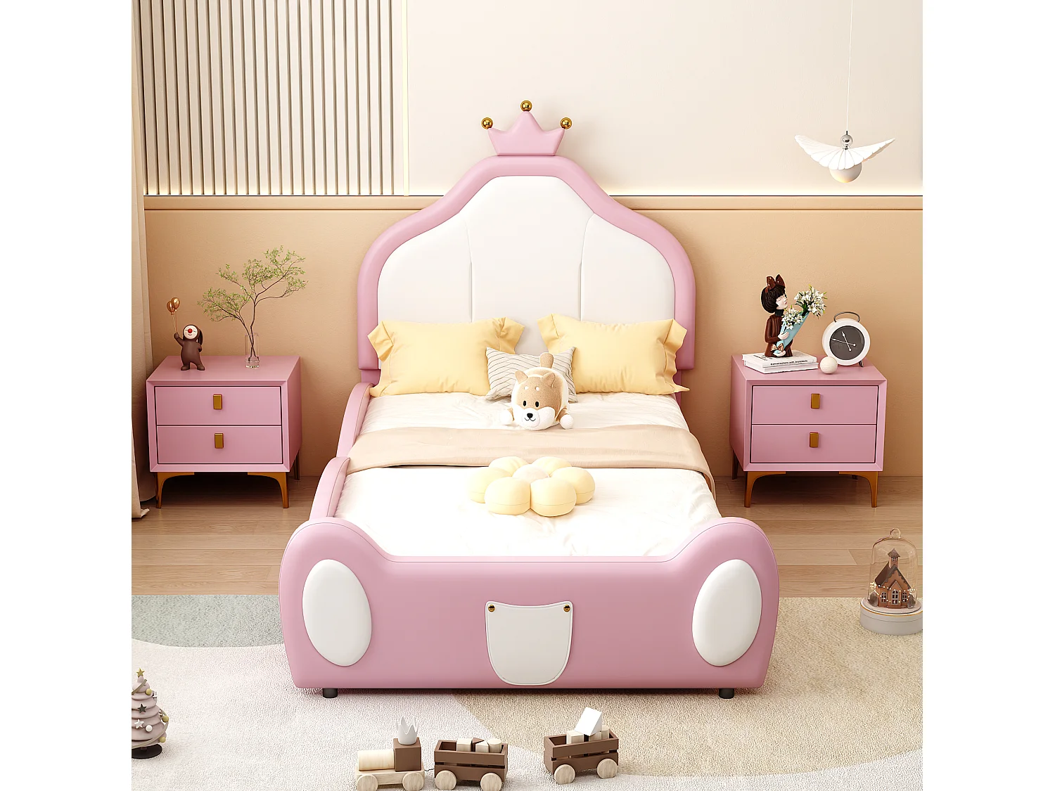 Gestoffeerd kinderbed 90x200 cm, hoofdeinde met kroon, kindvriendelijk design, roze PU-leer, bed met opbergruimte