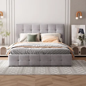 Gestoffeerd bed 140×200 cm met hydraulische opbergruimte, verstelbaar hoofdeinde, metalen lattenbodem, grijs fluweel, volwassenenbed