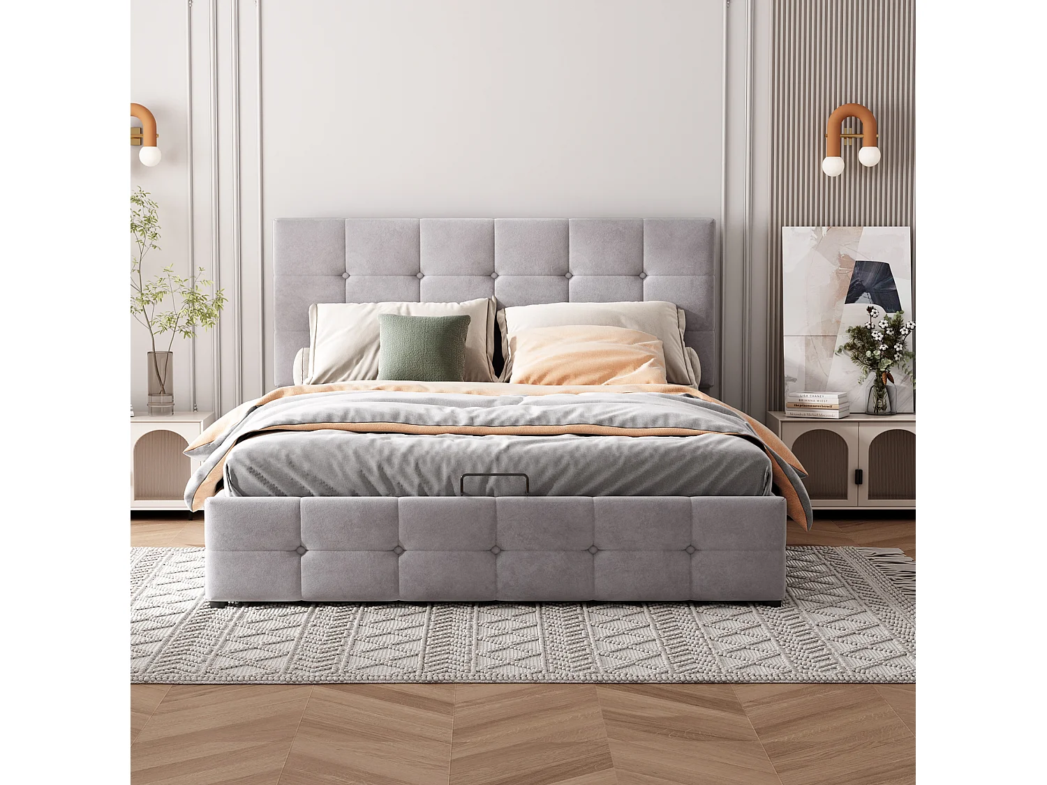 Gestoffeerd bed 140x200 cm met hydraulische opbergruimte, verstelbaar hoofdeinde, metalen lattenbodem, grijs fluweel, volwassenenbed