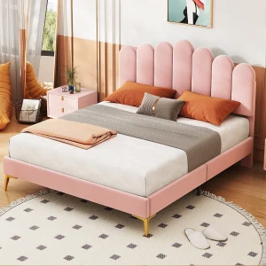 Gestoffeerd bed 140×200 cm met hoofdeinde en lattenbodem, roze fluweel, volwassenen- of juniorbed, extra slaapmogelijkheid Gestoffeerd bed 140×200 cm met hoofdeinde en lattenbodem, roze fluweel, volwassenen- of juniorbed, extra slaapmogelijkheid