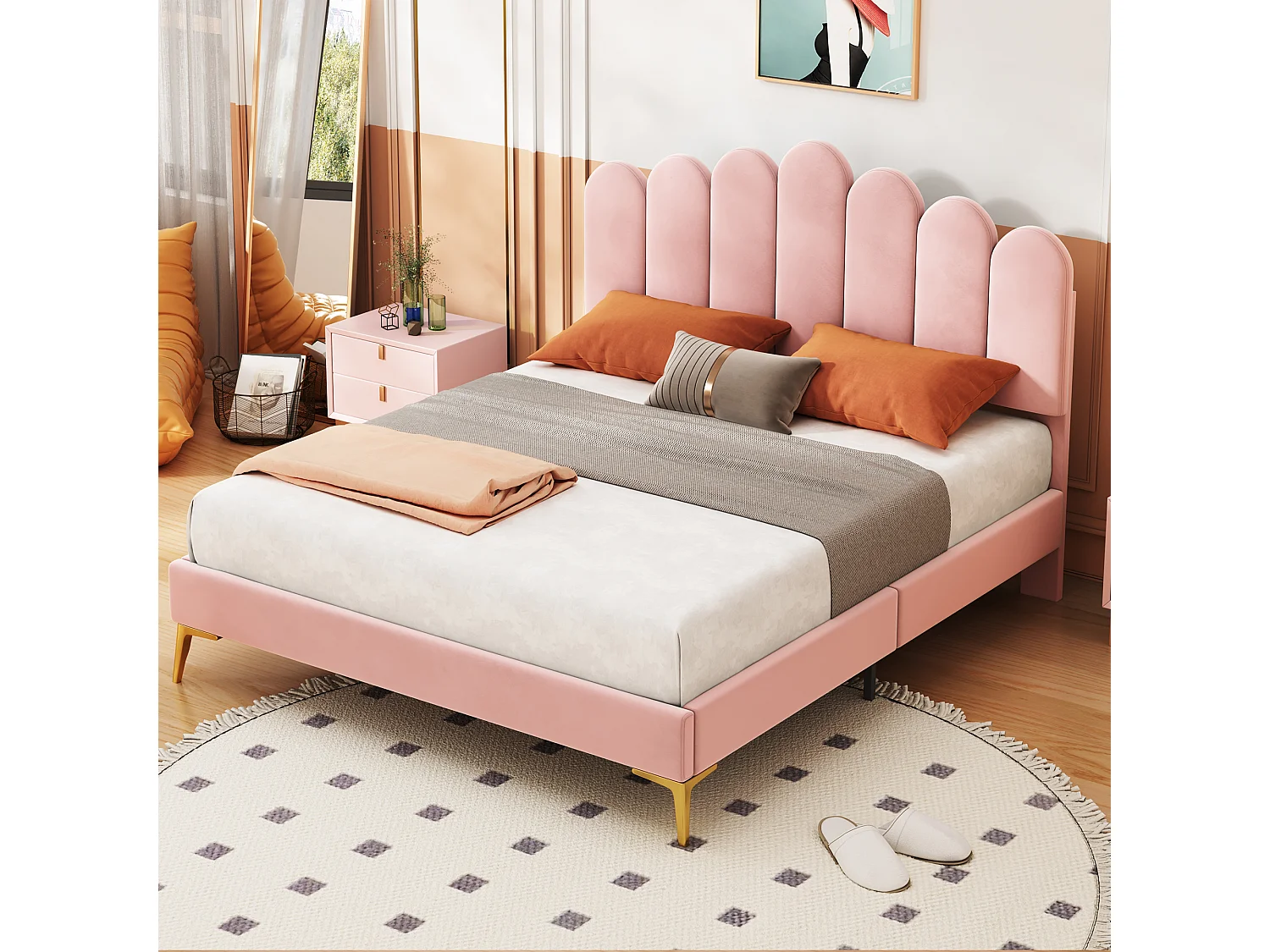 Gestoffeerd bed 140x200 cm met hoofdeinde en lattenbodem, roze fluweel, volwassenen- of juniorbed, extra slaapmogelijkheid