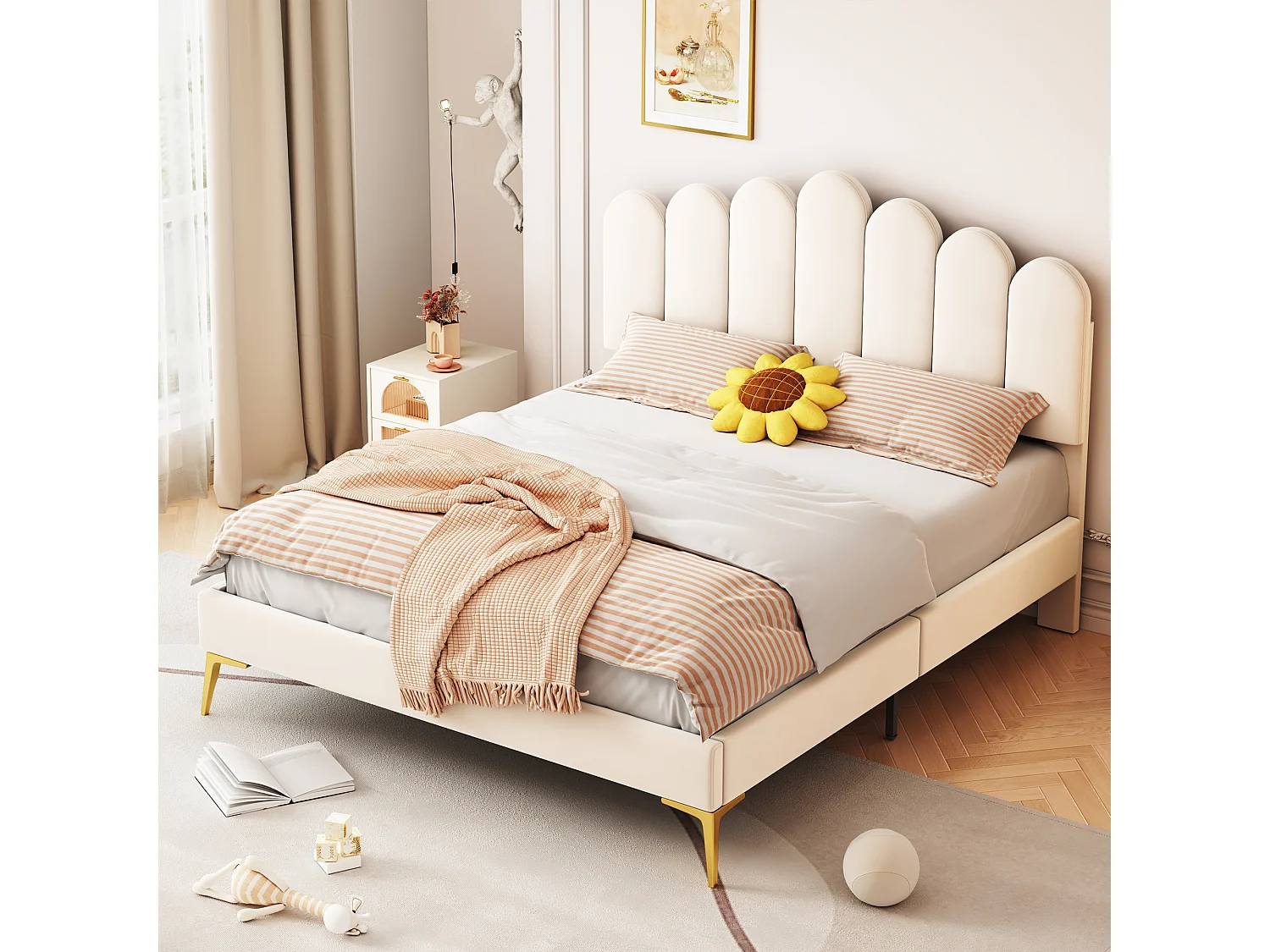 Gestoffeerd bed 140x200 cm met hoofdeinde en lattenbodem, beige fluweel, volwassenen- of juniorbed, extra slaapmogelijkheid