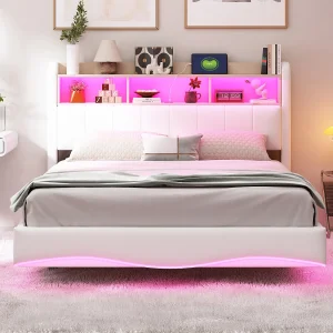 Hangend bed van linnen 140×200 cm, elegant ontwerp met LED-verlichting en USB-poorten, beige
