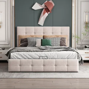 Gestoffeerd bed 140×200 cm met hydraulische opbergruimte, verstelbaar hoofdeinde, metalen lattenbodem, crème fluweel, volwassenenbed Gestoffeerd bed 140×200 cm met hydraulische opbergruimte, verstelbaar hoofdeinde, metalen lattenbodem, crème fluweel, volwassenenbed