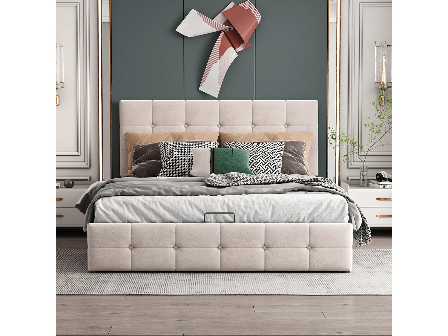 Gestoffeerd bed 140x200 cm met hydraulische opbergruimte, verstelbaar hoofdeinde, metalen lattenbodem, crème fluweel, volwassenenbed